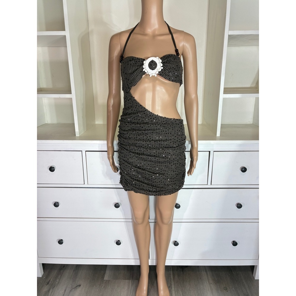 Outcast Pierre Mini Dress Womens Large Chocolate Brown Sequin Cutout Halter Knit